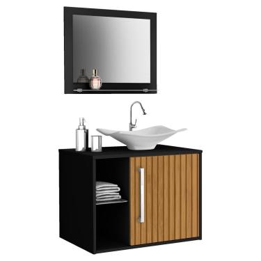 Imagem de Gabinete para banheiro com cuba com espelho 1 porta com prateleira 60 cm altura 46 cm preto e marrom