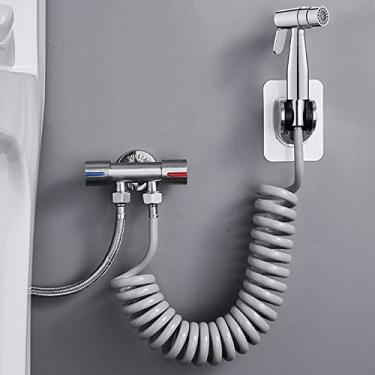 Imagem de LIDON Pulverizador de bidê portátil para controle de pressão de água ajustável de vaso sanitário cabeça de pulverizador de substituição conjunto de pistola de pulverização de vaso sanitário para bidê de banheiro suporte de mangueira telescópico de 2,2 m, escovado (cor: cromado)