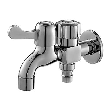 Imagem de LIDON Torneira dupla Pia de banheiro Torneira de água fria única Torneira de pia de lavanderia de latão Máquina de lavar Mangueira Divisor de torneira de saída dupla para varanda de banheiro, Cromo B (Cor: Cromado D)