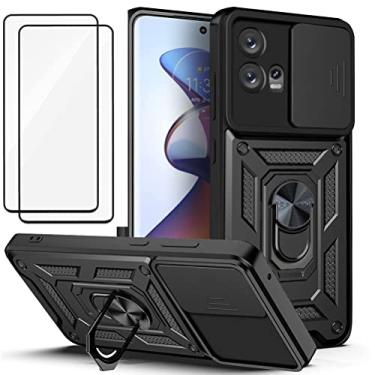 Imagem de Capa para Motorola Moto Edge 30 lite Capinha | com 2 protetores de tela temperados, janela deslizante de proteção da câmera integrada e suporte para telefone - Preto