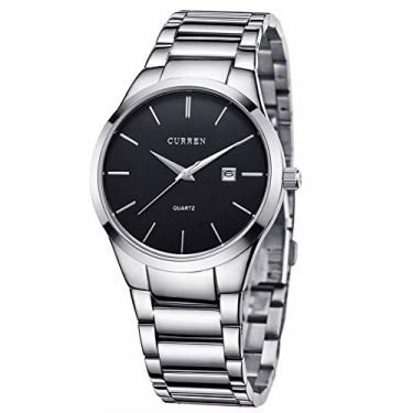 Imagem de Relógio masculino clássico preto prata pulseira de aço quartzo analógico com data para homens, Branco e preto