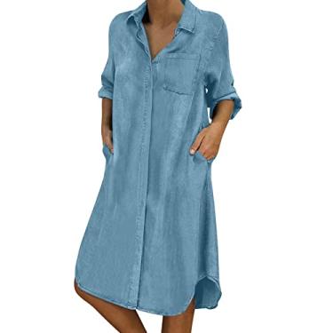 Imagem de UIFLQXX Vestidos para mulheres 2023 Denim Sólido Casual Manga Longa Gola V Vestido Bolso Botão Vestido Solto Feminino Casual, Azul claro, M