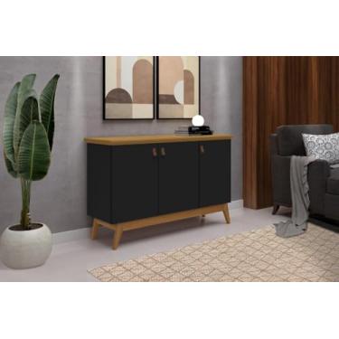 Imagem de Buffet/Bancada/Balcão/Aparador ABS Estilo Retrô Com Pés em Madeira 3 Portas Puxadores em Couro e Amplo Espaço Interno Com Prateleiras Cor Preto/Nature