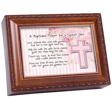 Imagem de Caixa de música de joias de acabamento de corda de grão de madeira para oração batismal Cottage Garden Jesus Loves Me