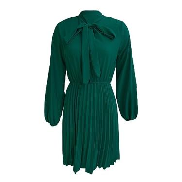 Imagem de UIFLQXX Vestidos casuais para mulheres, decote em V, manga comprida, cor sólida, vestido de cintura moderno, solto, vestido evasê, Verde, P