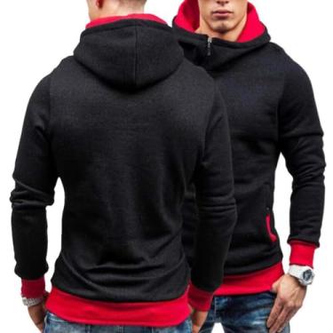 Imagem de EXitv Moletom masculino com estampa de zíper diagonal pulôver patchwork moletom folgado casaco casual com capuz, Preto, vermelho, XX-Large