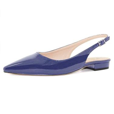 Imagem de Fericzot Sapatos femininos sensuais sandálias de bico fino salto baixo quadrado fivela Drees Flat Shoes Plus Size, Patente azul, 10