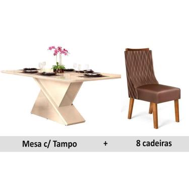 Imagem de Conjunto: Mesa Sala Jantar Zafira c/ Tampo Madeirado c/ Vidro 200cm + 8 Cadeiras Jade Demolição/Moca - DJ Móveis