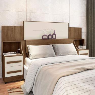 Imagem de Cabeceira Casal Extensível com 2 Mesas de Cabeceira 4 Gavetas 2 Tomadas Síria Freijó/Off White