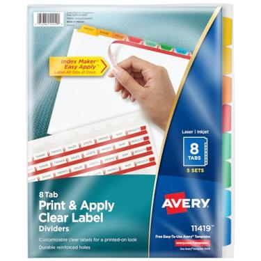 Imagem de AVERY 8 abas divisórias para fichário, fácil de imprimir e aplicar fita transparente para etiquetas, marcadores multicoloridos, 5 conjuntos (11419)