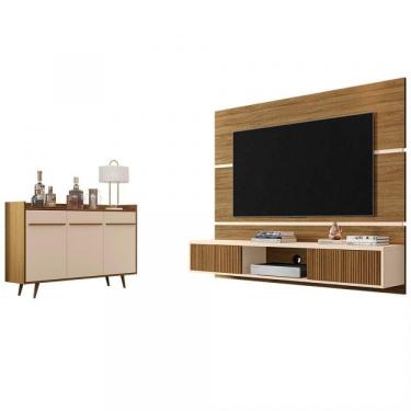 Imagem de Conjunto Painel Âmbar para TV até 65 Polegadas e Buffet Quartzo Pés de Madeira Móveis Bechara Cinamomo/Off White