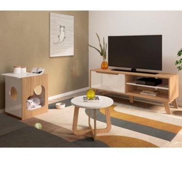 Imagem de Conjunto Sala de Estar Rack para TV até 47 Pol Lotus com Mesa de Centro e Mesa de Apoio para PET Carvalho/Off White