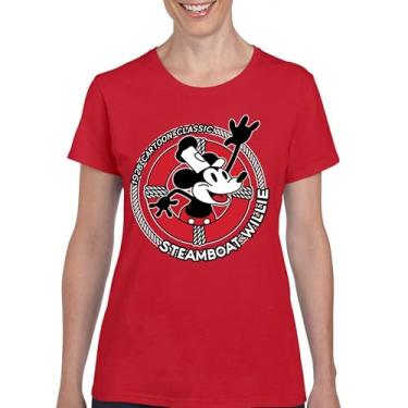 Imagem de Camiseta Steamboat Willie Life Preserver divertida clássica desenho animado praia Vibe Mouse in a Lifebuoy Silly Retro Camiseta feminina, Vermelho, P