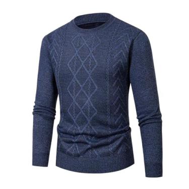 Imagem de Suéter masculino outono inverno pulôver slim gola redonda casual tricô pulôver masculino malha quente tops tricotados, Azul marinho, X-Large