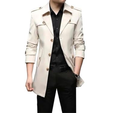 Imagem de USTZFTBCL Jaqueta masculina estilo trench England estilo trench coat masculino casual jaqueta corta-vento roupas masculinas, Bege branco, PP