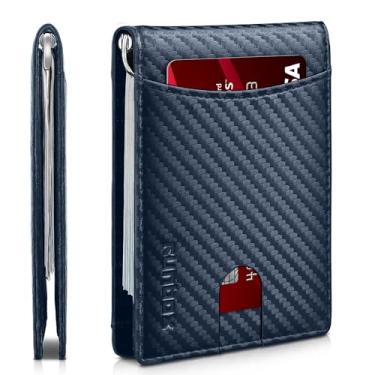 Imagem de Carteira masculina fina com clipe de dinheiro com bloqueio de RFID, 11 porta-cartões, minimalista, pequena, fina, de couro de carbono, dobrável e dobrável, caixa de presente, Azul-carbono - 11