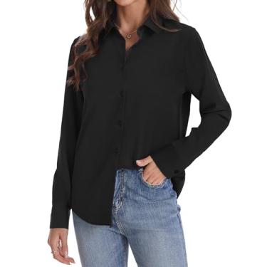 Imagem de J.VER Camisa feminina de botão manga longa sem rugas leve de chiffon sólido blusa de trabalho, Preto, GG