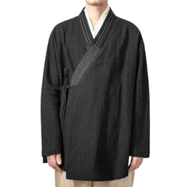 Imagem de WOLONG Casaco cardigã masculino de linho estilo chinês solto preto jaqueta cor sólida auto-gravata Hanfu, Preto, PP
