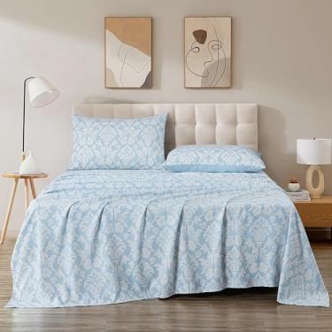 Imagem de Chezmoi Collection Jogo de lençol de cama medalhão floral de 4 peças, tamanho Queen - Conjunto de lençóis e fronhas de microfibra com estampa floral azul/branco macio e respirável