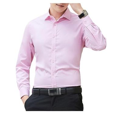 Imagem de Camisa social masculina de cor sólida abotoada manga longa formal camisa slim fit com bolso, Rosa, XG