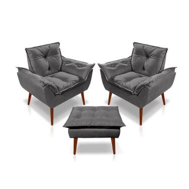 Imagem de Kit C-2 Poltronas Opala + 01 Puff Opala Elegante Suede Cinza Escuro