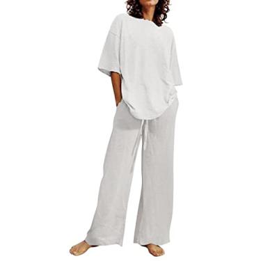Imagem de Roupas femininas da moda de verão 2023 para mulheres, conjunto de 2 peças de linho roxo, blusas fofas, calças compridas, capri soltas, roupas casuais, Fa3-branco, Small