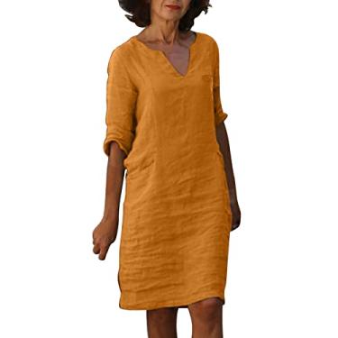Imagem de Lainuyoah Vestido feminino de verão comprimento até o joelho 2024 ajuste solto mangas soltas vestido de praia elegante boho linho camisa vestido, B - laranja, G