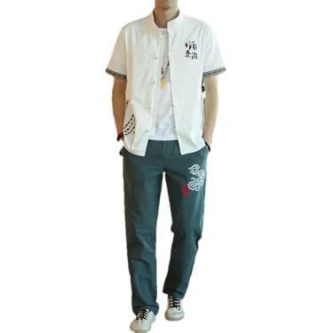 Imagem de Roupa masculina de verão Tang Suit de algodão e linho estilo chinês camisa de manga curta + calça conjunto de 2 peças, Branco 1, M