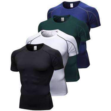 Imagem de SPVISE Pacote com 2 ou 4 camisetas masculinas de compressão de manga curta e secagem fresca para academia esportiva, Pacote com 4, preto, branco, verde escuro, azul marinho, P