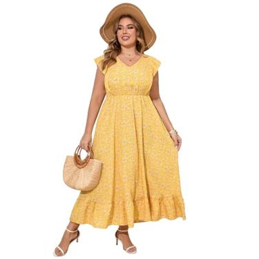 Imagem de KOJOOIN Vestido feminino plus size de verão com bolso com babados, sem mangas, decote em V, fenda lateral, vestido longo de praia, Flor amarela pequena - 1, 5G