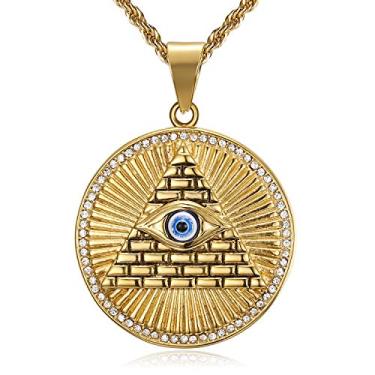 Imagem de Lee Island Fashion Colar de aço inoxidável com pingente egípcio de olho de Hórus na pirâmide banhado a ouro 18 K, corrente olho da providência/olho que tudo vê/joia olho turco azul presente para