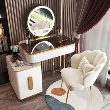 Imagem de Penteadeira de maquiagem com luz de toque ajustável de 3 cores, conjunto de penteadeira grande com mesa de cabeceira móvel e banco acolchoado, penteadeira de maquiagem com mesa de vidro temp