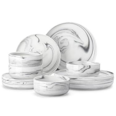 Imagem de MALACASA Conjuntos de pratos e tigelas, 12 peças de louça de porcelana conjuntos de louças conjuntos de louça resistente a lascas conjunto de pratos de cerâmica serviço de jantar para 4, cinza