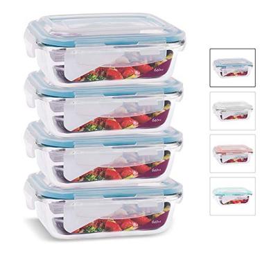 Imagem de House Organizer Conjunto 4 Potes de Vidro Retangular com Tampa Hermética 640ml Cor:Azul