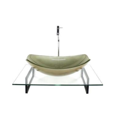 Imagem de Kit cuba de vidro oval chanfrada champanhe com tampo 60cm incolor e su