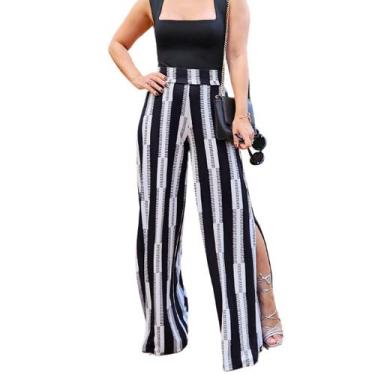 Imagem de Calça pantalona com Fenda na lateral Listrado PB - Maranne, Branco, M