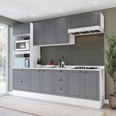 Imagem de Cozinha Pérola com Tampo e Rodapé 5 Peças Torre Quente Aéreo 3 Portas Basculante Balcão 120 e de 80 Branco/Cinza