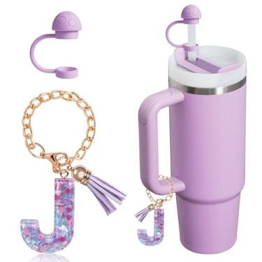 Imagem de HaimiLiya Capa de canudo com corrente de copo com letra inicial para acessórios Stanley Cup, tampa de palha de 10 mm, pingente de copo fofo, roxo