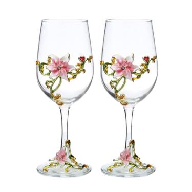 Imagem de MEIGLQEA Conjunto de 2 taças de vinho, taças de vinho tinto esmaltadas feitas à mão, taças de champanhe, lindas taças florais para mulheres, mãe, amigas, mães, esposa, dia dos namorados (rosa)
