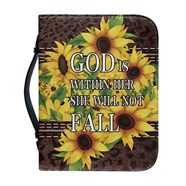 Imagem de GOSTONG Capa de couro para livro bíblico para mulheres bolsa de transporte bolsas de igreja com alça e zíper, God is Within Her She Will Not Fall Girassol, 10.2x7x1.9 in