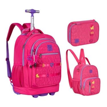 Imagem de Kit Mochila de Rodinhas Lancheira Térmica e Estojo Rebecca Bonbon Grande Soft Texturizado Matelassê RB24538 (Rosa)