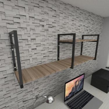 Imagem de Prateleira industrial para escritório aço cor preto mdf 30 cm cor amad