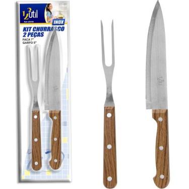 Imagem de Conjunto de faca 7'' + garfo 5'' de inox cabo tipo madeira - 123 UTIL