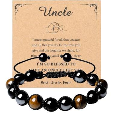 Imagem de MAIBAOTA Pulseira masculina presente para namorado/pai/filho/avô/tio/irmão/marido dia dos pais ideias de presentes de aniversário para homens ajustável 10 mm olho de tigre preto com contas obsidiana,