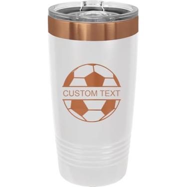 Imagem de Futebol - Adicione seu nome, copo de aço inoxidável personalizado gravado a laser 590 ml café de viagem branco/ouro rosa banhado a íon parede dupla carro viagem caminhão caneca gola redonda