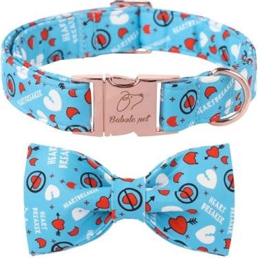 Imagem de Babole Pet Coleira de Dia dos Namorados com gravata borboleta, coleira de cachorro de coração azul com laço, linda coleira com estampa de coração amoroso com fivela de metal ajustável para meninos e