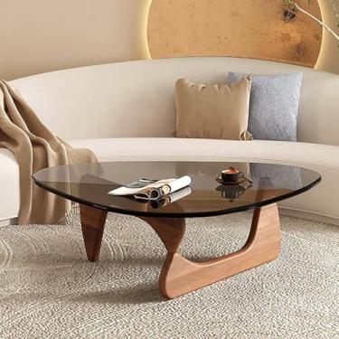 Imagem de Mesa de centro triangular de vidro, mesa de centro moderna de meados do século, mesa de canto abstrata com base de madeira, mesa de centro pequena de vidro para sala de estar, escritório em casa,