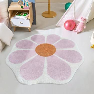 Imagem de Poowe Tapete rosa redondo em forma de flor de 120 cm, tapete interno lavável floral macio para sala de estar, quarto, sala de jantar