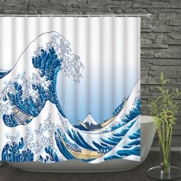 Imagem de Cortinas de chuveiro à prova d'água estampadas com conchas do mar e ondas do mar, cortina de banho, tela de banho de poliéster com 12 ganchos, JWW616, 210x180cm