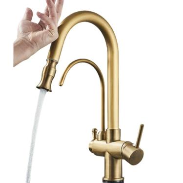 Imagem de Filtro de sensor de toque Torneira de cozinha de água Puxar para fora Latão antigo Deck Mount Torneiras de água pura Misturador frio quente Guindaste, Latão antigo A